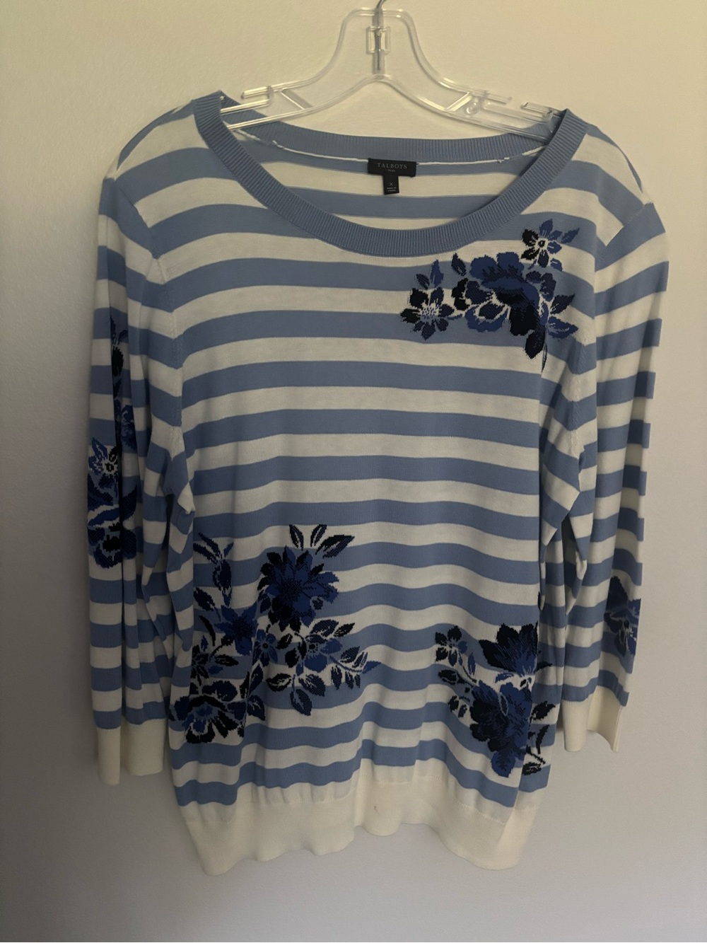 Talbots Light Blue & Cream Striped Floral Crewneck Top